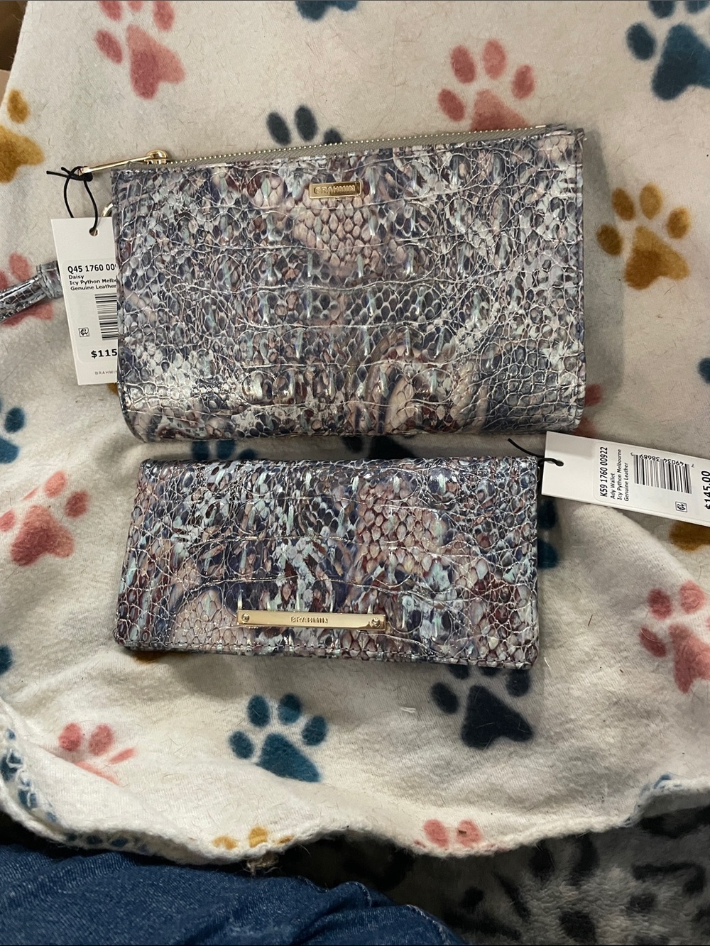 New Brahmin Multi Embossed Leather Wristlet & Matching Wallet Set